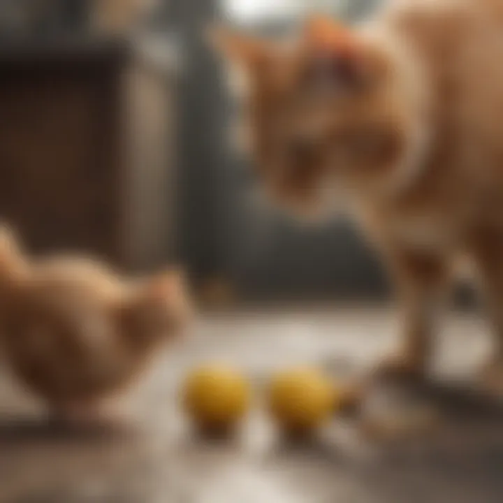 A cat curiously approaching a noisy chicken toy