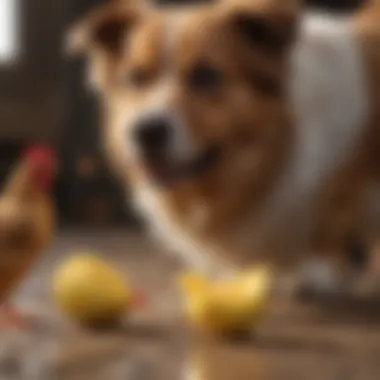 A playful dog interacting with a noisy chicken toy