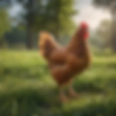 Free-Range Chicken in Natural Habitat A vibrant free-range chicken roaming in a lush green pasture