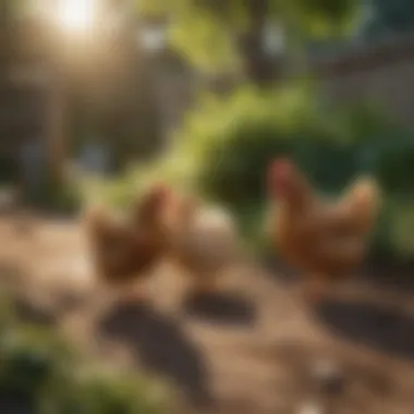 Happy small chickens foraging in a sunlit backyard environment.