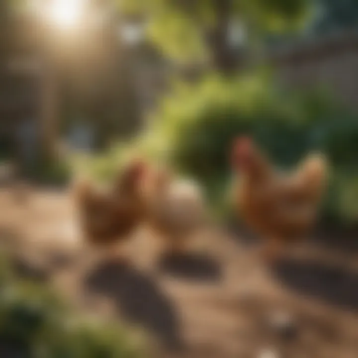 Happy small chickens foraging in a sunlit backyard environment.