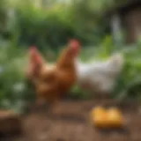 A vibrant display of different small chicken breeds in a lush garden setting.