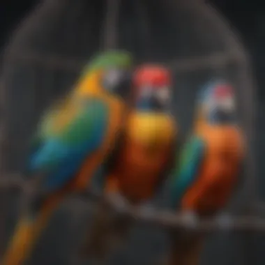 Colorful exotic birds perched inside a spacious cage