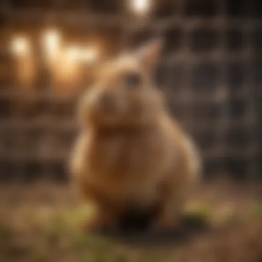 A small rabbit secured within a tiny chicken wire enclosure, showcasing safety for pet care.