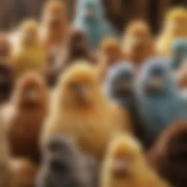 Various breeds of Silkie chickens in a colorful display