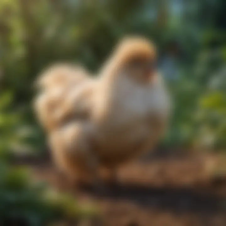 A Silkie chicken in a lush garden setting