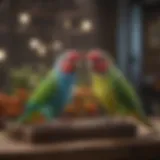 A beautifully designed dual parakeet cage setup showcasing vibrant colors and natural elements.