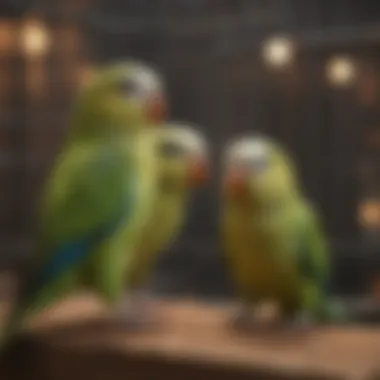 Playful Interaction of Parakeets Two parakeets interacting playfully in separate cages, highlighting their social behavior.