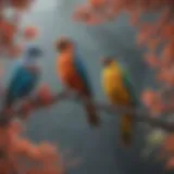 Colorful birds perched on branches