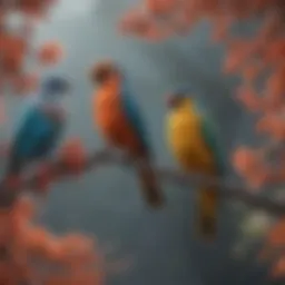 Colorful birds perched on branches