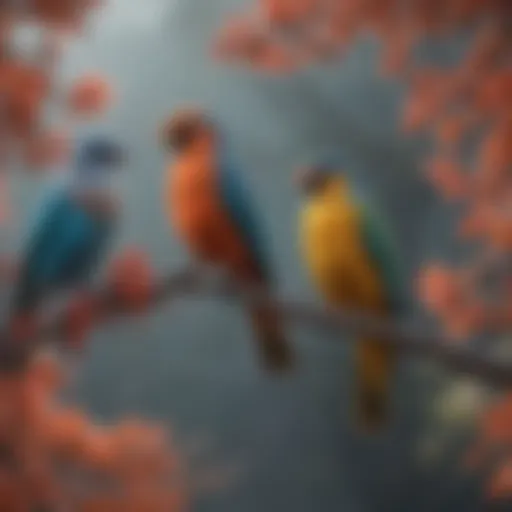 Colorful birds perched on branches