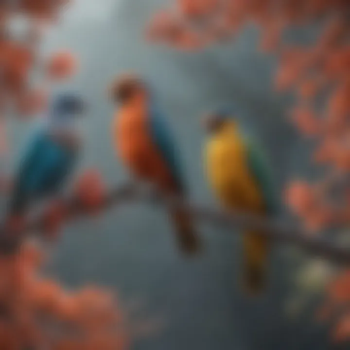 Colorful birds perched on branches