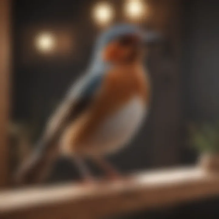 A bird utilizing a wooden perch, illustrating natural behavior.