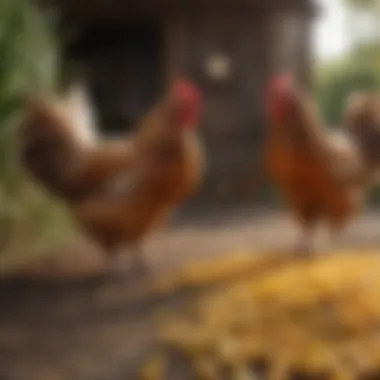 Chickens pecking at corn in a farm setting