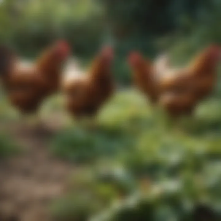 Chickens foraging in a lush garden filled with greens