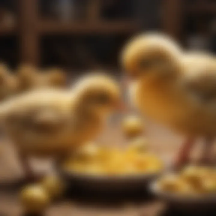 Close-up of young chicks eating nutritious starter feed