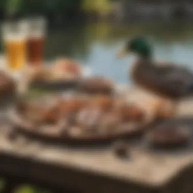 A variety of suitable duck food options arranged on a picnic table.