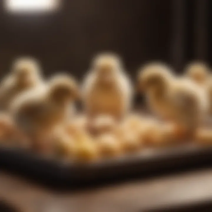 Newborn chicks pecking at a feeding tray filled with nutritious starter feed