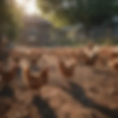 A diverse flock of chickens pecking at feed in a spacious yard.