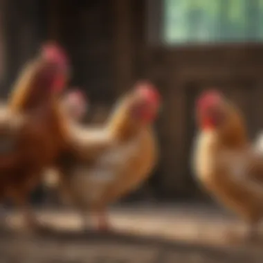 Chickens of various breeds interacting in their coop.