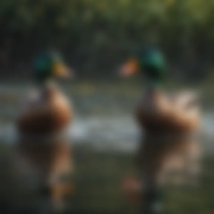 Wild ducks interacting with floating food pellets in water