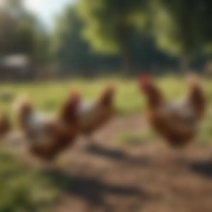 Free-range chickens roaming outdoors