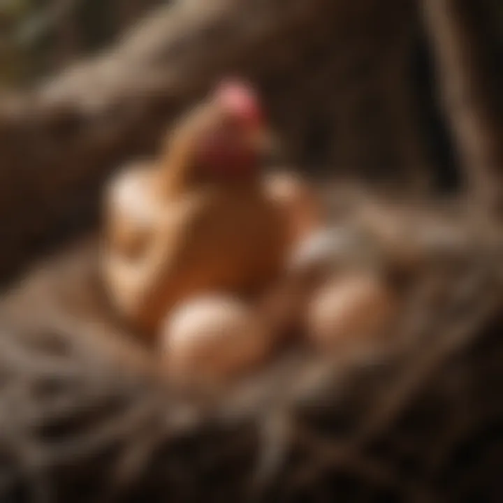 A mature hen laying eggs in a nest