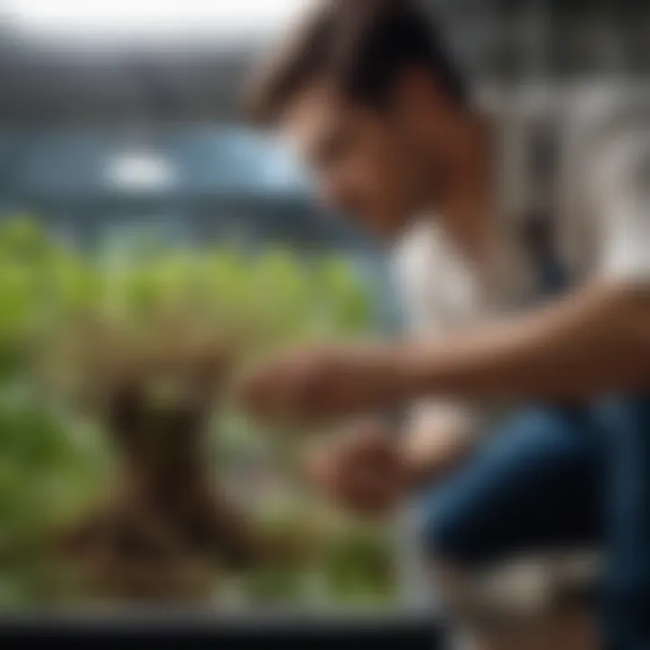 A gardener inspecting the roots of a healthy plant in a hydroponic system, emphasizing plant health.