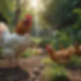 Vibrant chickens in a lush garden setting