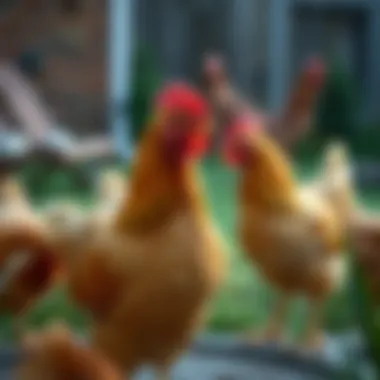 Golden Wyandotte chickens interacting in a backyard