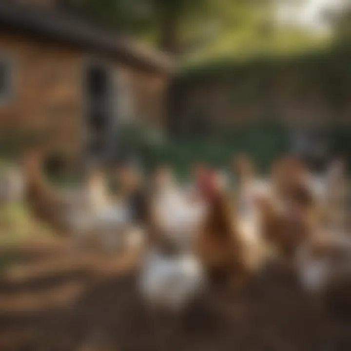 A serene backyard setting with a flock of hens roaming freely, illustrating the adaptability of different breeds.