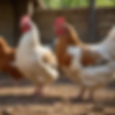 A diverse selection of laying hen breeds showcasing their unique colors and sizes in a sunny farmyard.