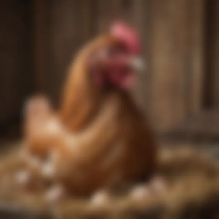 Close-up of a hen in a nesting box, emphasizing comfort and care in egg production.