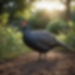 A healthy guinea fowl in a lush backyard