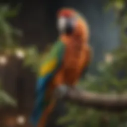 A colorful parrot perched on a branch, symbolizing the lost pet bird.