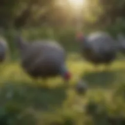 Guinea hens foraging in a grassy area, demonstrating their natural behavior in pest control.