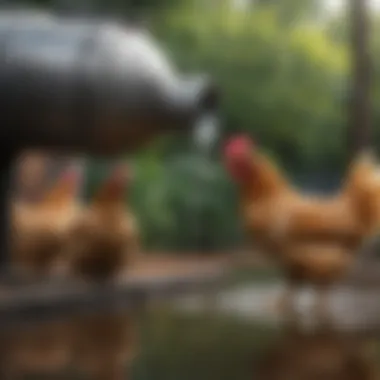 Chicken drinking from a water feeder