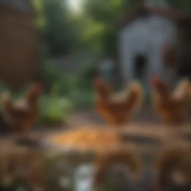 A backyard scene depicting chickens enjoying their feed and water.