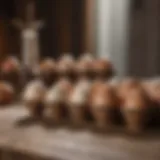 Various types of hatching eggs displayed on a rustic wooden table