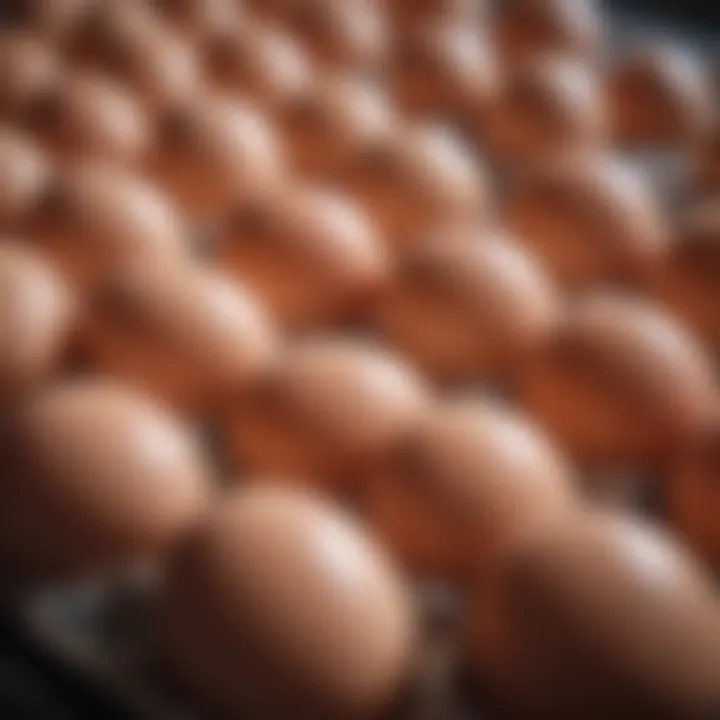 Close-up of fertilized chicken eggs in an incubator