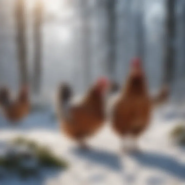 Healthy chickens in a snowy environment