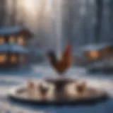 Heated poultry fountain in winter setting