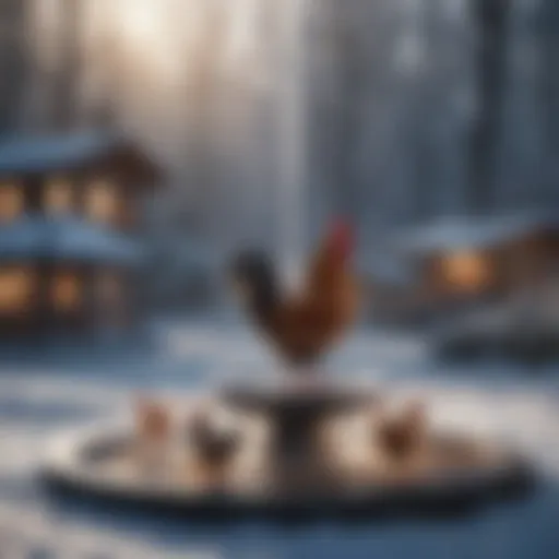 Heated poultry fountain in winter setting