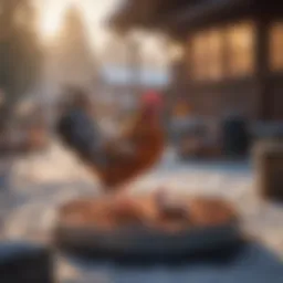 Illustration of a heated poultry fount in a winter setting