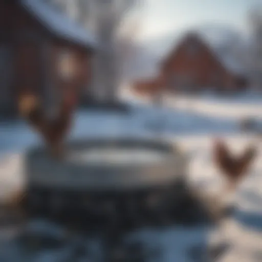 Heated water feeder for chickens in a snowy farm environment