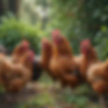 A flock of healthy chickens pecking at a mix of herbs