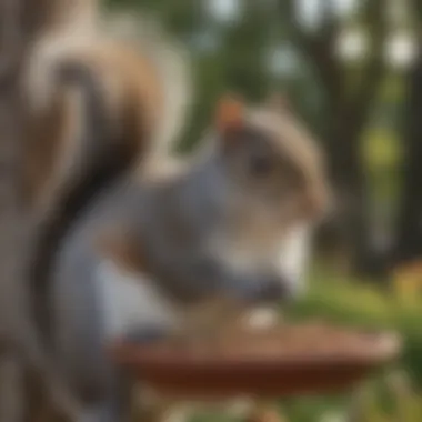 Close-up of a grey squirrel near a bird feeder, illustrating its behavior.