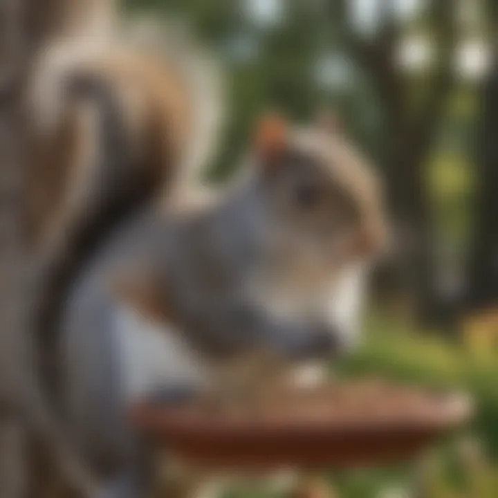 Close-up of a grey squirrel near a bird feeder, illustrating its behavior.