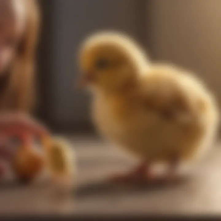 A young chick being examined for health and wellness