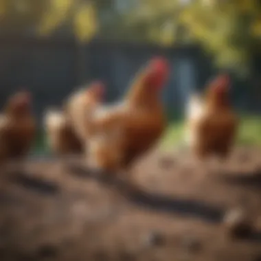 Healthy chickens roaming freely in an open space